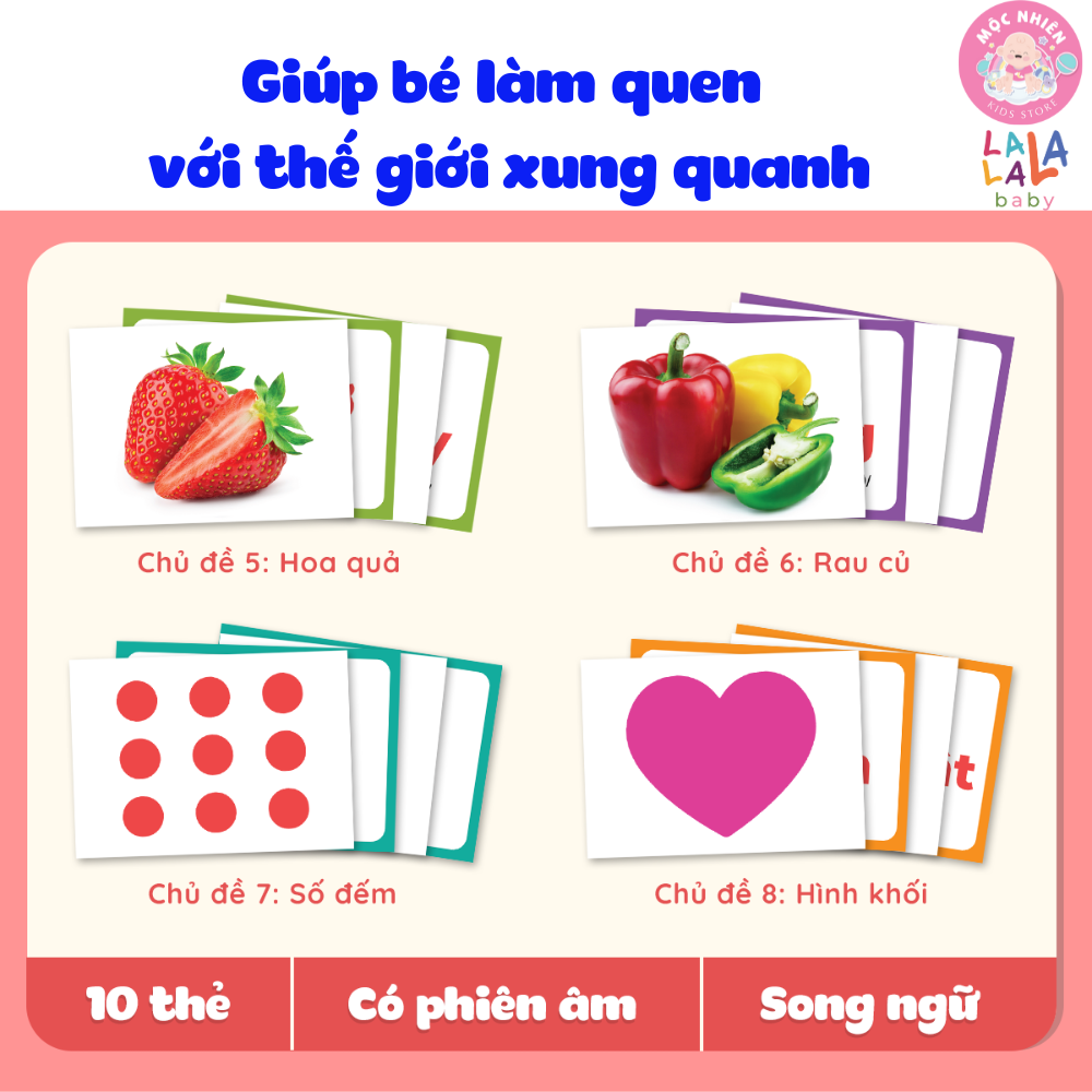 Flashcard Cho Bé - Bộ 100 Thẻ Học Thông Minh Giáo Giục Sớm Glenn Doman size A5 15x21cm song ngữ Anh Việt - Lalala Baby