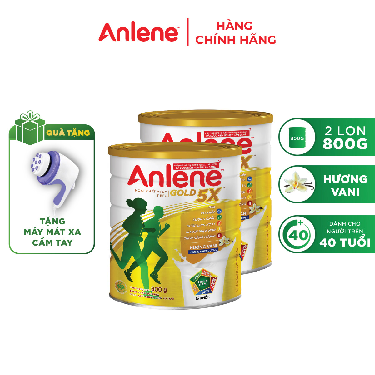 Combo 2 Sữa Bột Anlene Gold 5X Hương Vanilla (Hộp Thiếc 800g) - Tặng máy mát xa