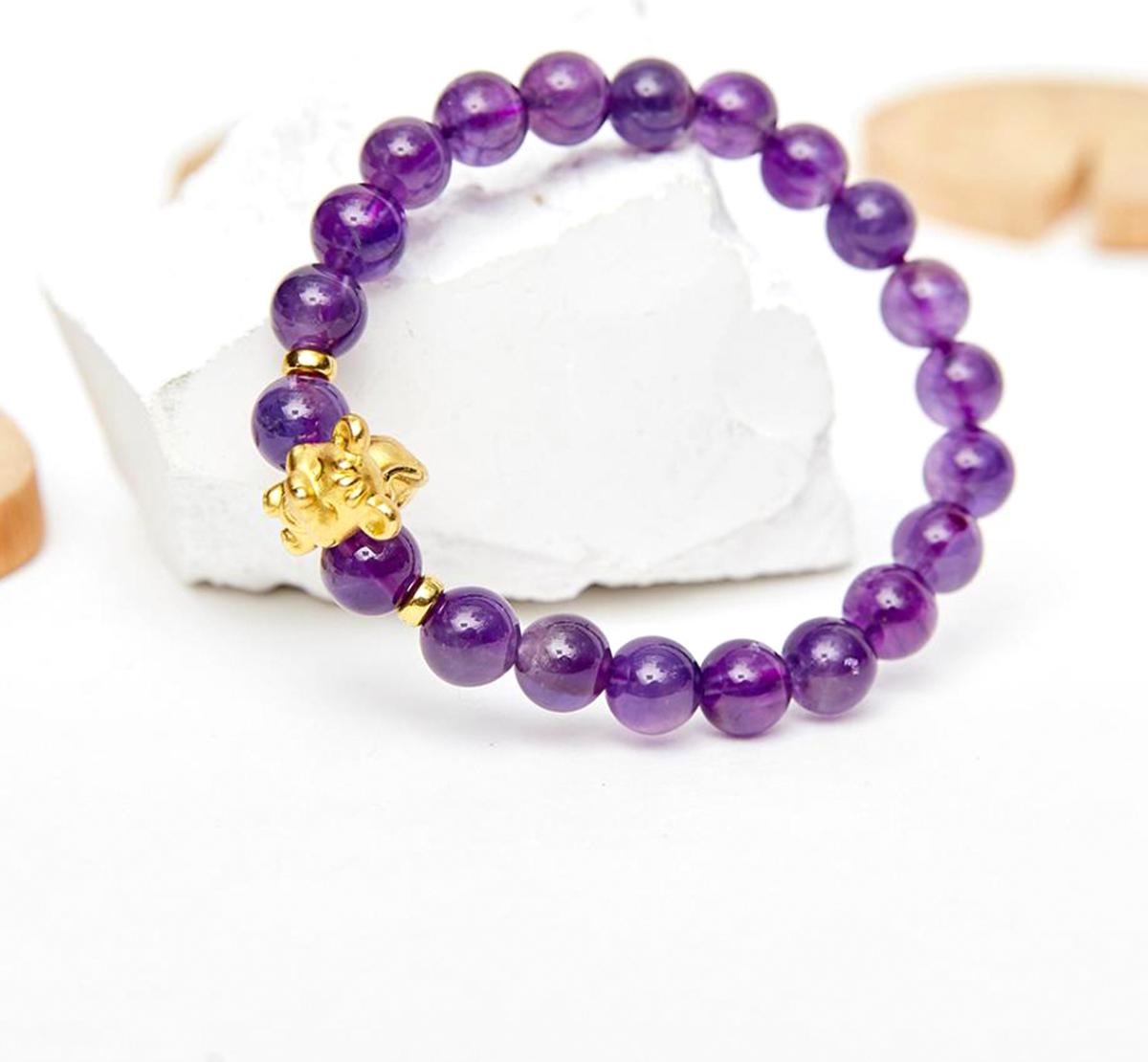 Vòng tay đá thạch anh tím charm tuổi tý bạc mạ vàng 24K 8mm mệnh hỏa, thổ - Ngọc Quý Gemstones