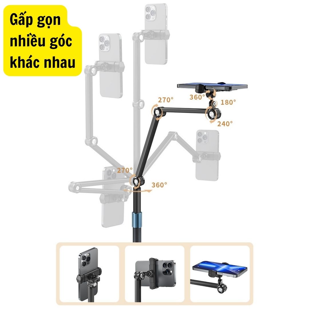 Giá Đỡ Điện Thoại, Máy Tính Bảng Gấp Gọn Xoay 360 Độ bằng kim loại - Kệ điện thoại màu đen, chắc chắn