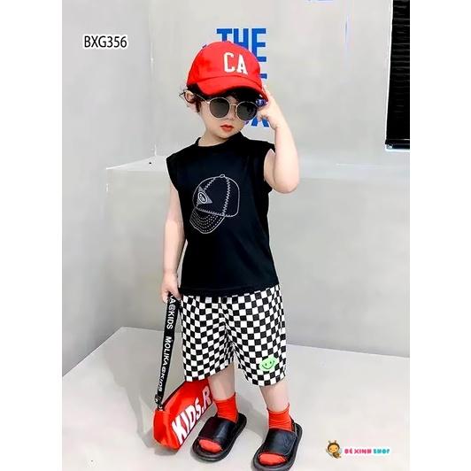 Bộ Áo Sát Nách In Nón Quần Caro Dễ Thương Cho Bé Trai