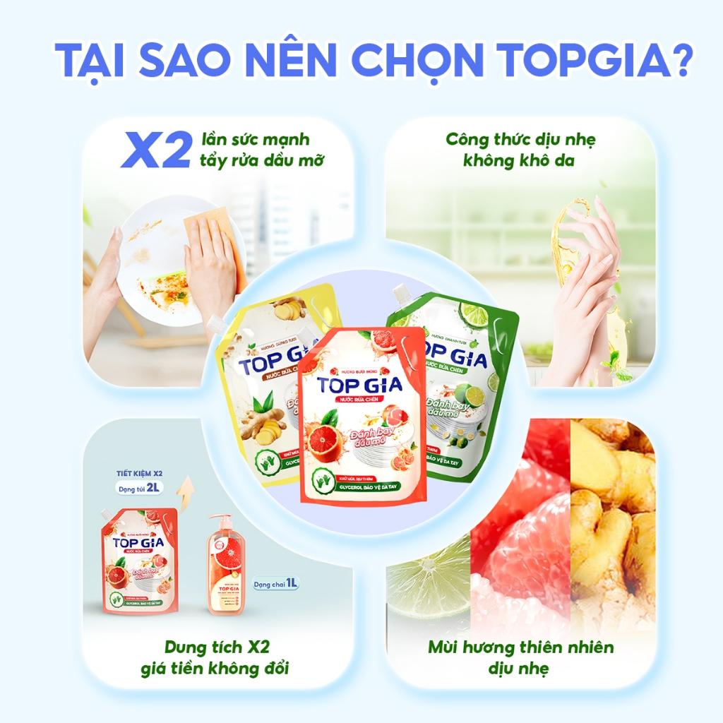 nước rửa chén TOPGIA thiên nhiên,túi 2L an toàn và hiệu quả cho cả gia đình. - Chanh - Làm sạch sâu