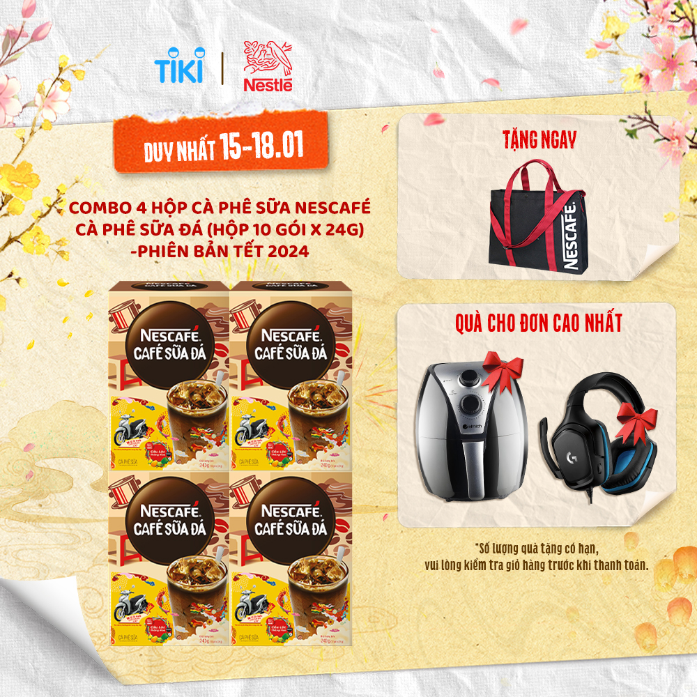 [Tặng Túi vải có dây đeo Nescafé] Combo 4 Hộp Cà Phê Sữa Nescafé Cà Phê Sữa Đá (Hộp 10 Gói x 24g) -Phiên bản Tết