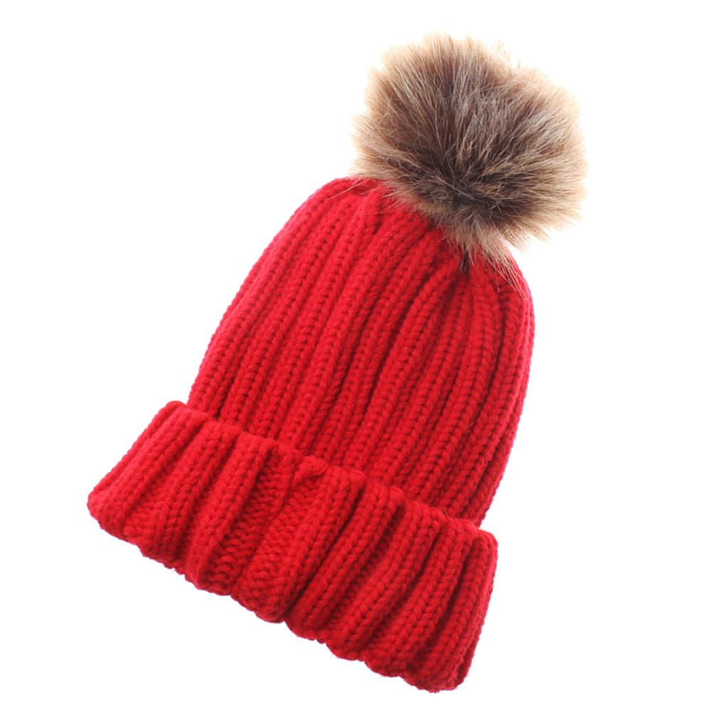 Baby Unisex Winter Warm Faux Double Fur Pom Bobble Knit Beanie Hat Cap