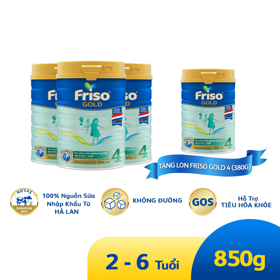 Combo 3 lon sữa Bột Friso Gold 4 850g (Dành Cho Trẻ Từ 2 - 6 Tuổi) + Tặng Lon Sữa Friso Gold 4 380g