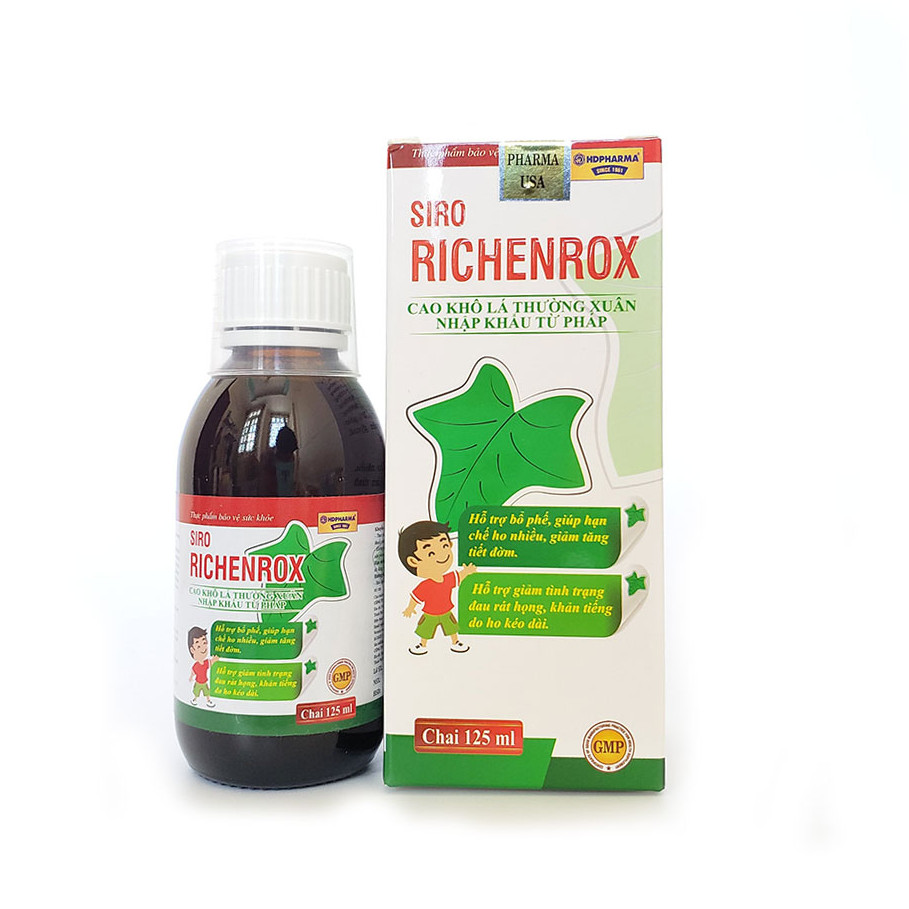  Siro ho cho bé RICHENROX giảm ho, tiêu đờm, viêm họng, viêm phế quản chai 125ml thành phần từ Cao lá thường xuân, húng chanh