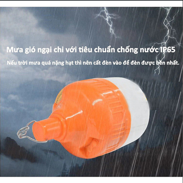 Bóng đèn tích điện 100W 150W sạc pin qua cổng usb ánh sáng Led sáng liên tục từ 6-8h chịu nắng mưa