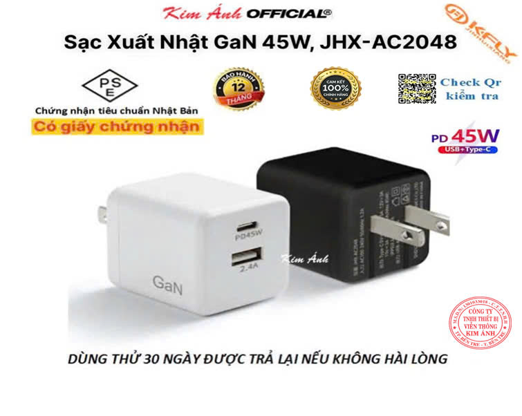 Củ sạc xuất Nhật GaN 45W KFLY ( JHX-AC2048) đạt chứng nhận PSE tiêu chuẩn Nhật Bản, Kim Ánh cho dùng thử 30 ngày, bảo hành hàng chính hãng 12 tháng