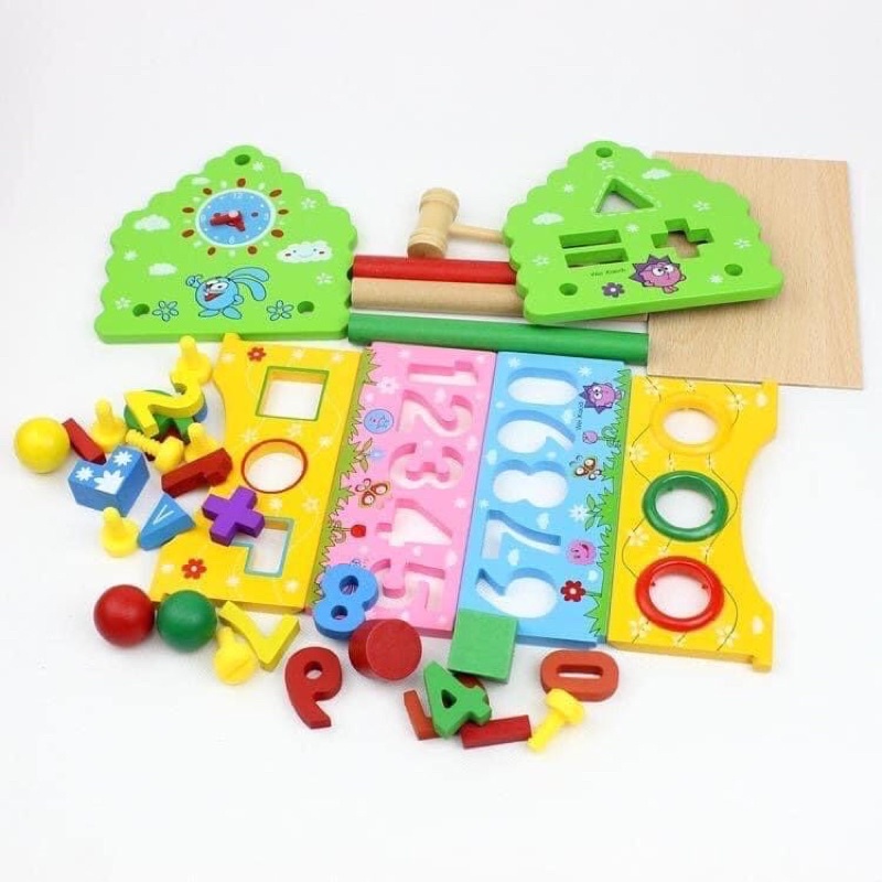 Đồ Chơi Nhà Thả Hình Gỗ 3 In 1- Đập bóng, Thả hình, Xem giờ- Đồ chơi thông minh, an toàn và phát triển kỹ năng