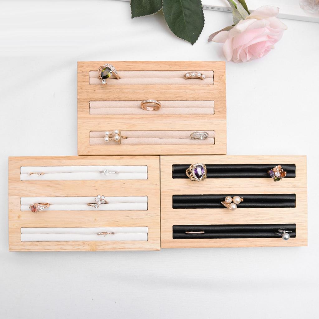 Wooden Jewelry Display Tray Storage Holder Earring Showcase black leather