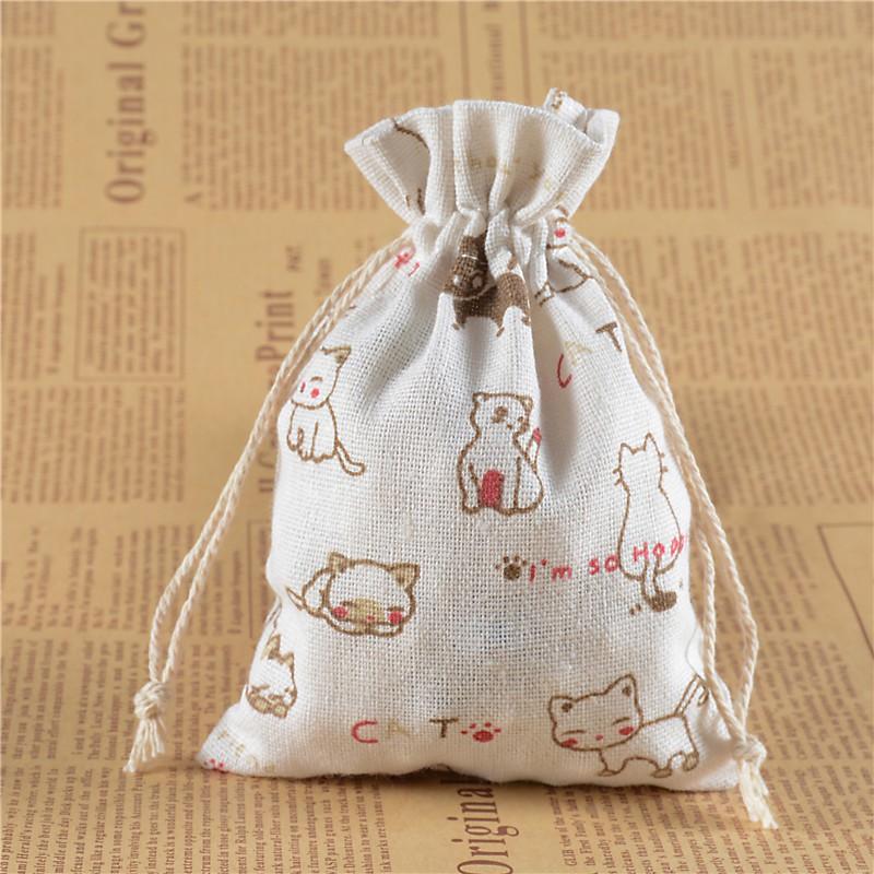 Túi vải bố linen mềm size nhỏ 10x14cm họa tiết mèo con dễ thương đựng phụ kiện trang sức