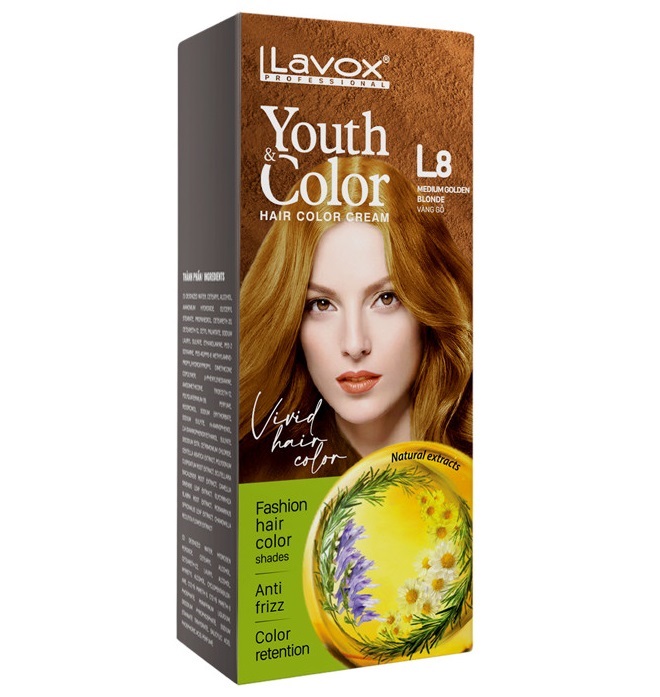 (Vàng Gỗ) Kem Nhuộm Dưỡng Tóc Màu Thời Trang Lavox Youth&Color L8 - Medium Golden Blonde