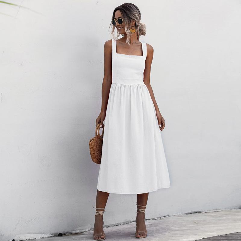 Women Dress Solid Color Square Neck Sleeveless High Waist A-Line Open Back Elegant Beach Party One-piece