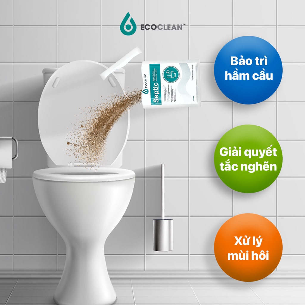 Ecoclean Septic - Men Vi Sinh Xử Lý Hầm Cầu Bể Phốt - Khử mùi, phân hủy chất thải, hết nghẹt hầm, hiệu quả sau 1 đêm - Gói 100g - 1 gói 100g