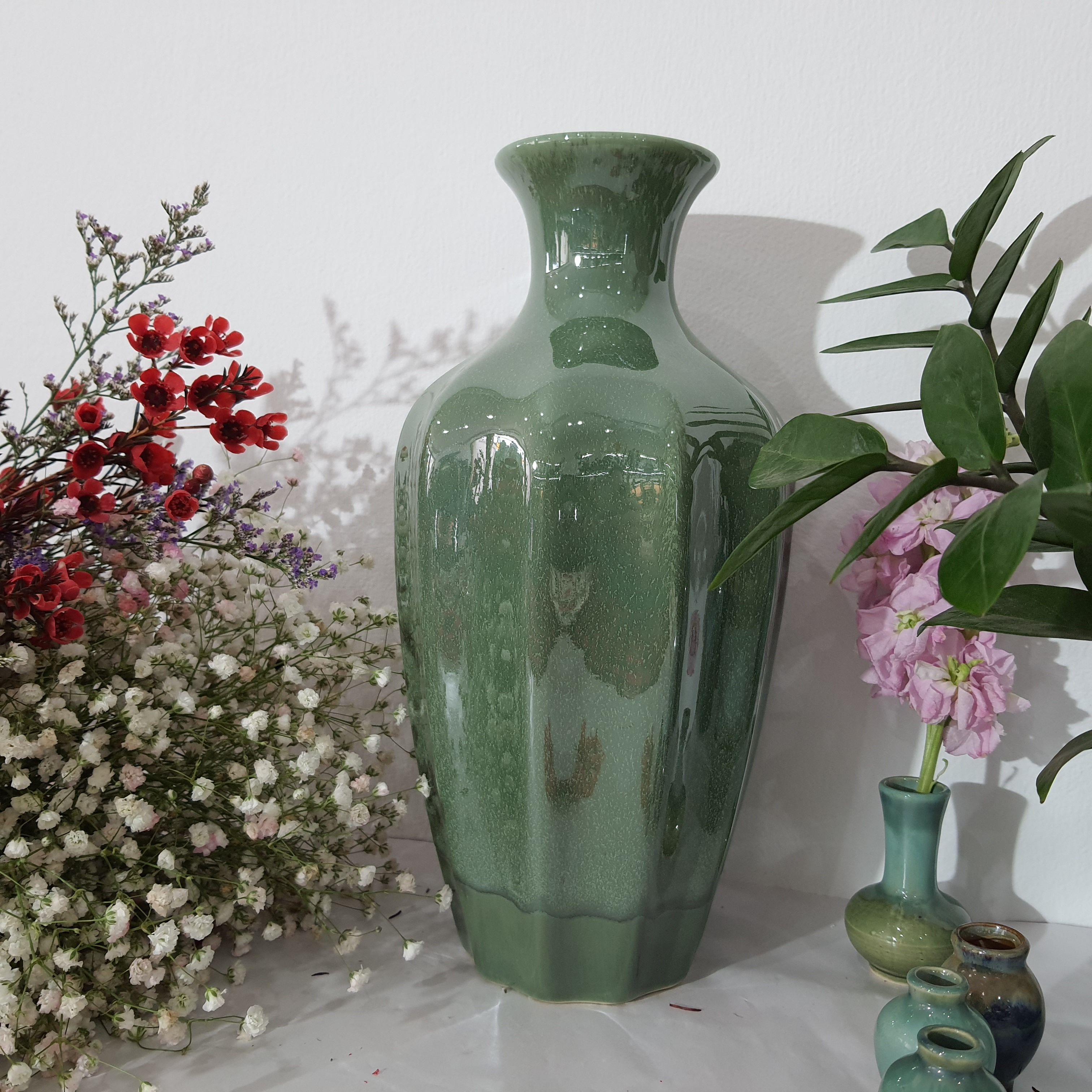 Bình hoa cao cấp bát tràng men hỏa biến xanh H33