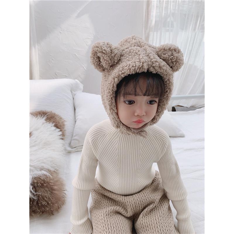 Mũ lông gấu- mũ len lông cừu tai gấu cài cúc kín cổ cho bé