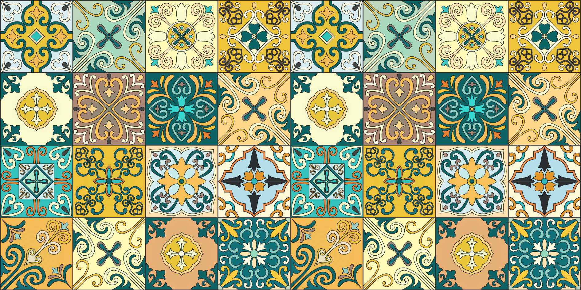 Decal gạch bông cổ điển màu xanh lá phối vàng nâu, Decal dán bếp, Decal dán tường, dán kệ, tủ gỗ .. Mẫu KT41