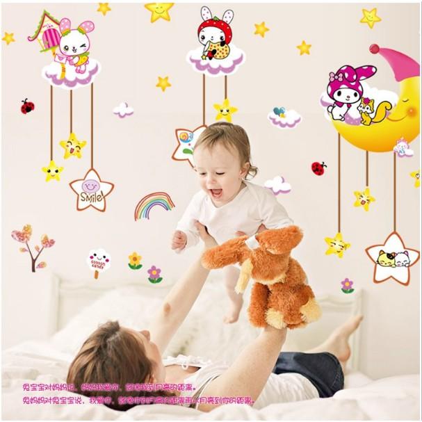 Decal trang trí tường - Thỏ Trắng đáng yêu vui chơi cùng Trăng Sao