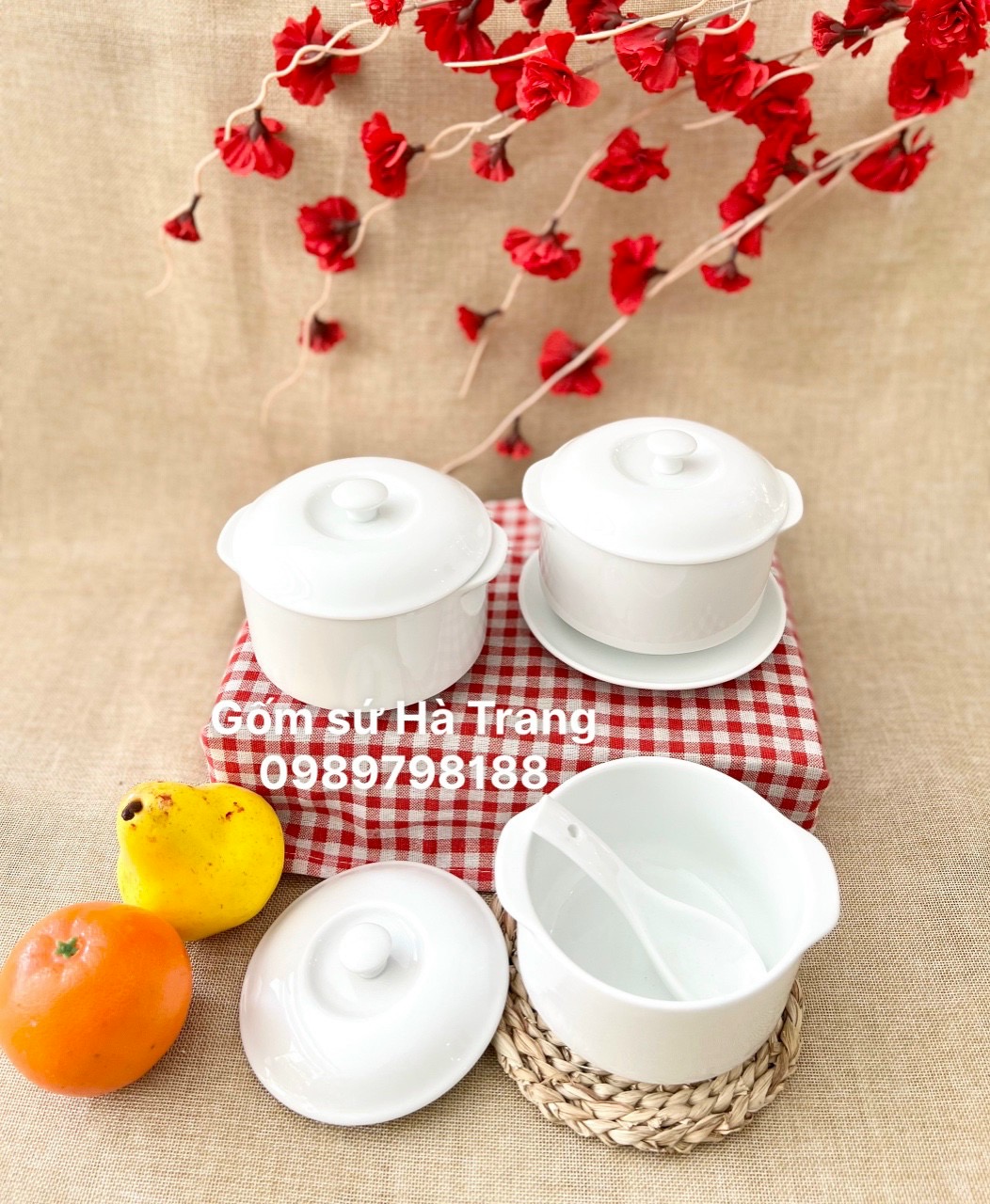 Thố chưng yến kèm đĩa và thìa gốm sứ Bát Tràng cao cấp men trắng dung tích 600ml kèm đĩa kèm thìa