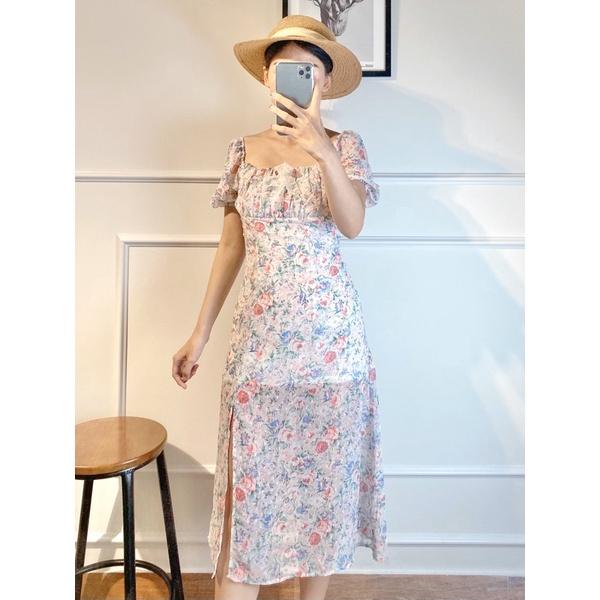 Đầm voan hoa thêu nhún ngực, xẻ tà, dáng xoè - AUDREY STUDIO
