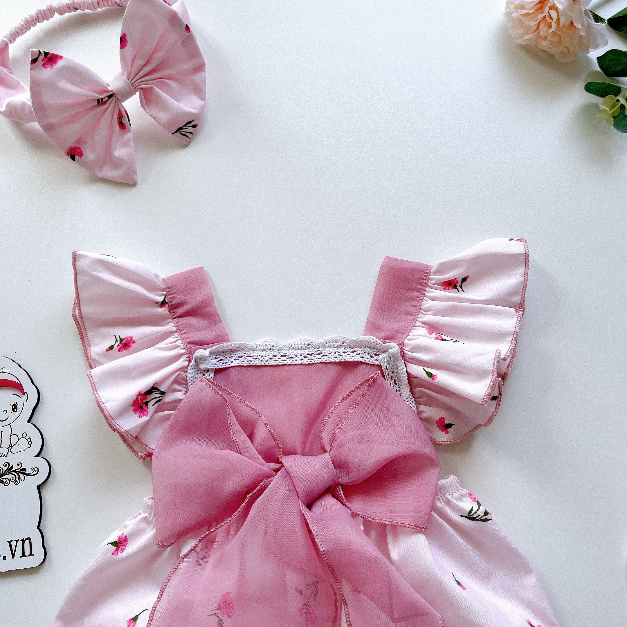 Body nơ bé gái 3 đến 12kg, Bodysuit tặng kèm turban cho bé gái