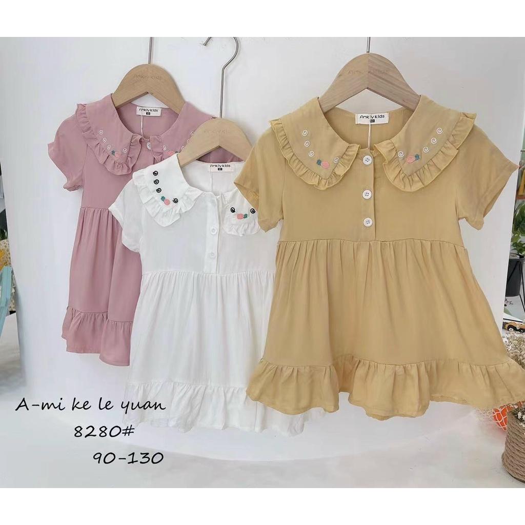 Váy hè cho bé gái 9m-5 tuổi cộc tay cổ bèo thêu hình, Đầm babydoll trẻ em vải thô mềm nhẹ thoáng mát