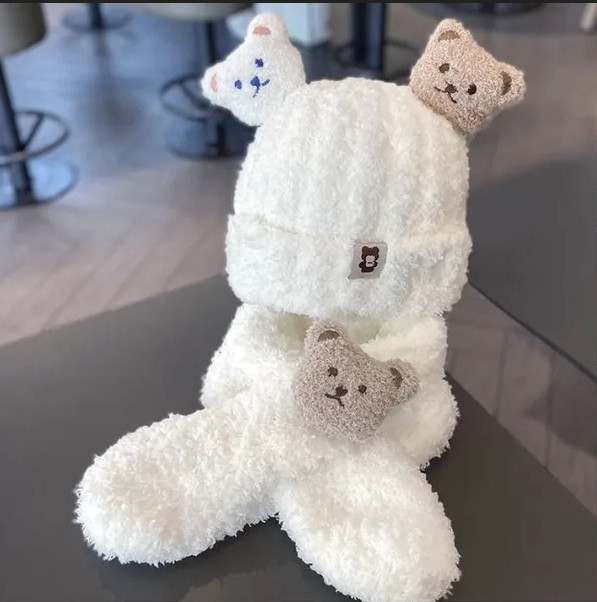 Set mũ len lông cừu kèm khăn 2 chú gấu cao cấp, mũ len gấu 3D lông cừu kèm khăn quàng cổ cho bé 0-4 tuổi