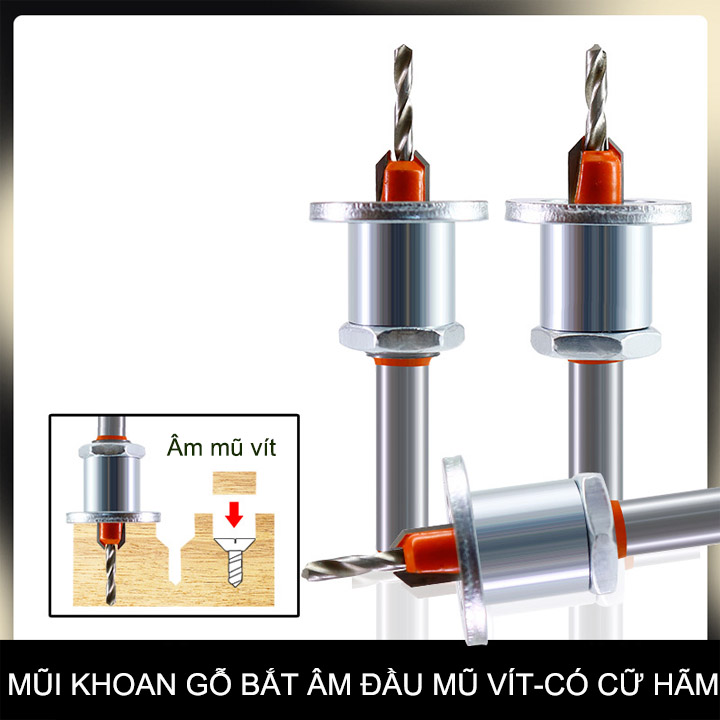 Mũi khoan gỗ bắt âm đầu mũ vít, loại có cữ hãm, đầu âm 8mm, nhiều kích cỡ cho khách lựa chọn
