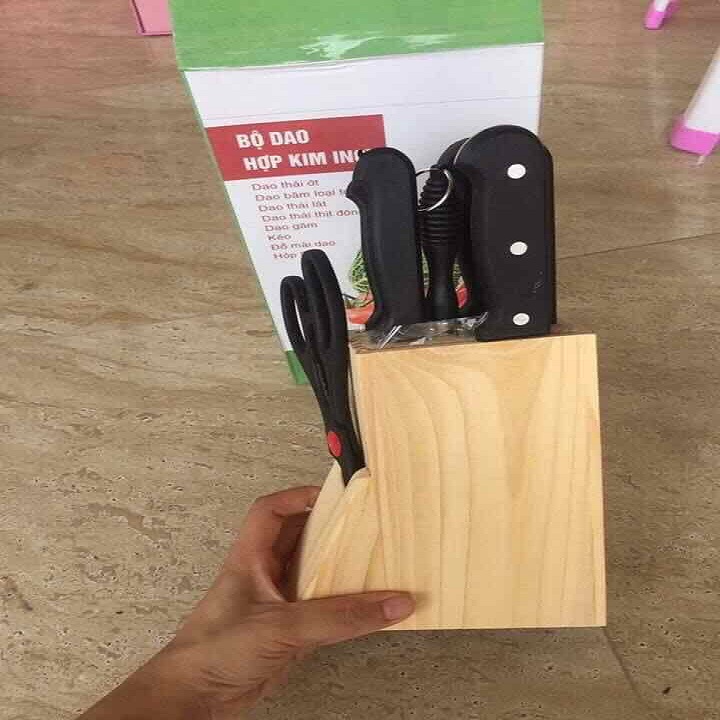 Bộ dao 7 món có hộp đựng gỗ tặng kèm miếng rửa bát lót nồi silicol tiện lợi