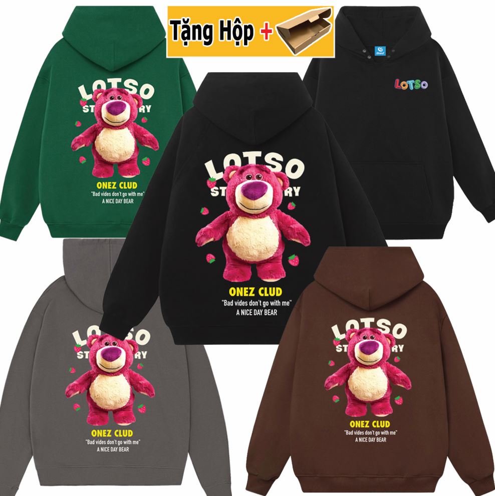 Áo hoodie gấu dâu Lotso local brand form rộng OneZ màu hồng nỉ bông hàn quốc đẹp ,mềm mịn có mũ 2 lớp dày