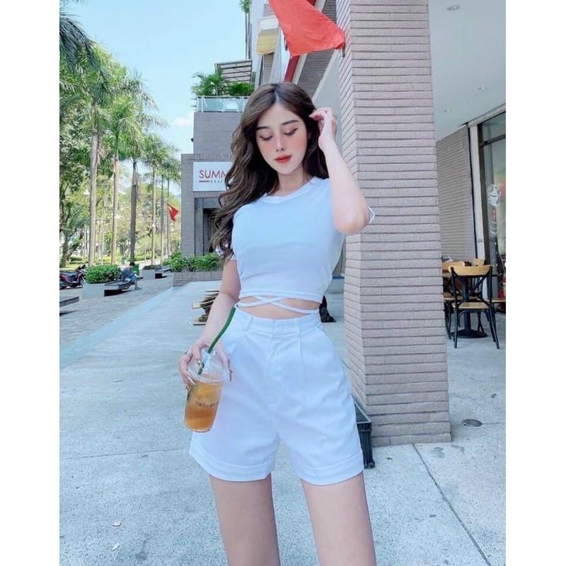 Áo thun croptop cộc tay nữ eo sexy thiết kế dây buộc eo điệu đà