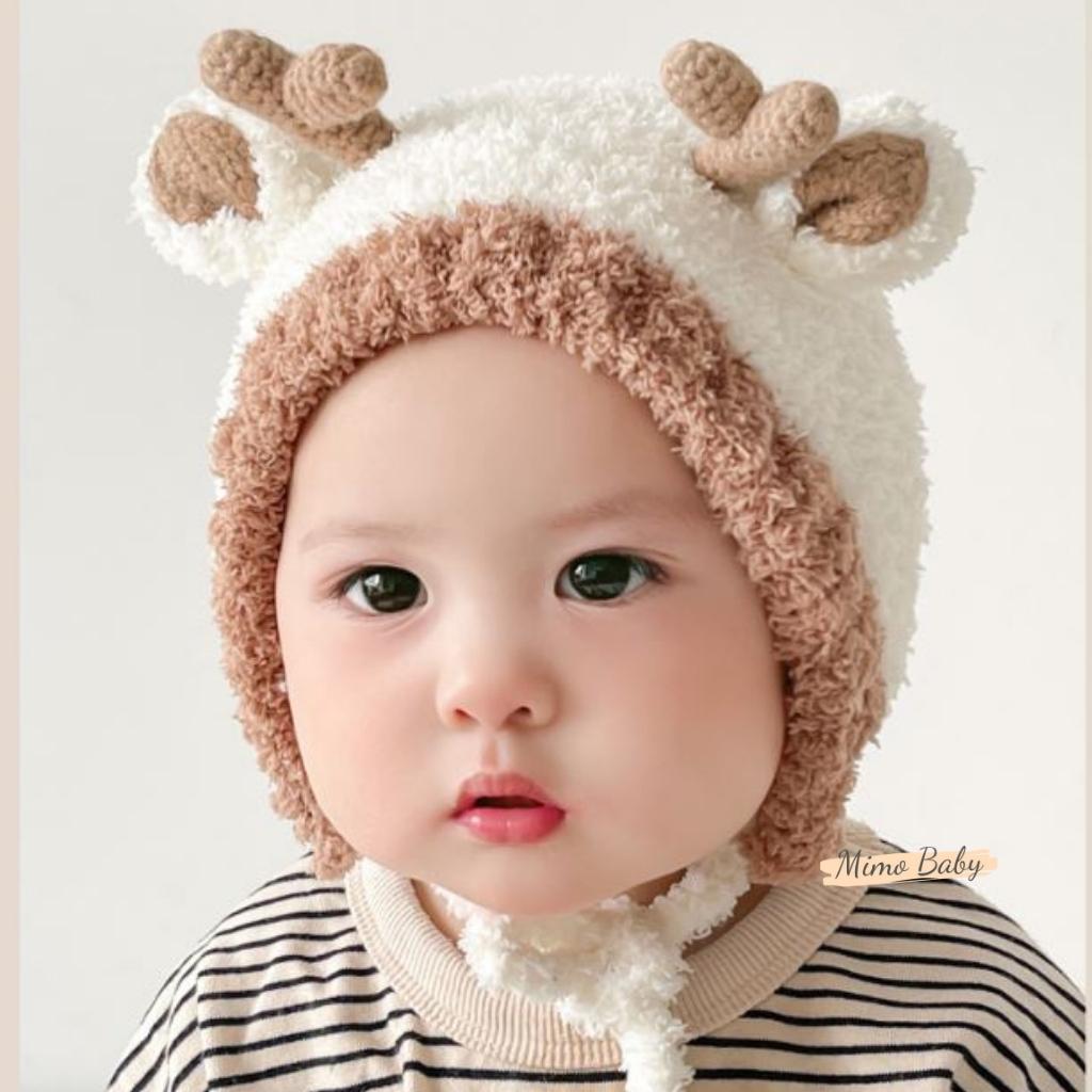 Mũ len lông buộc dây đính sừng tuần lộc đáng yêu cho bé ML195 Mimo Baby
