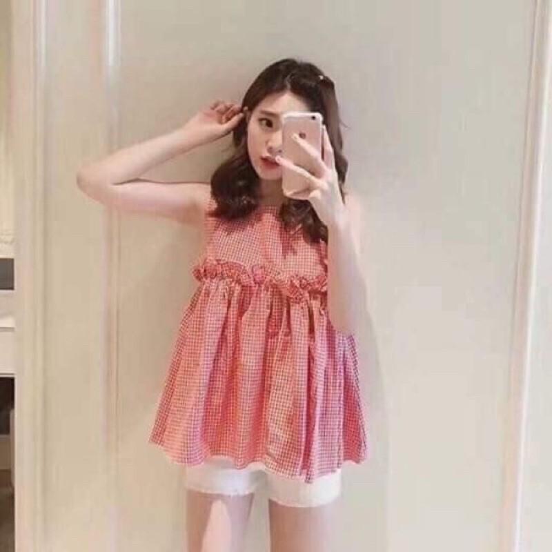 Áo kiểu babydoll không tay caro, kèm ảnh thật