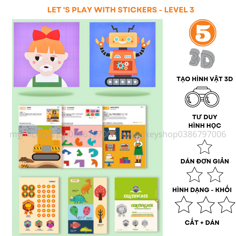 Bộ đồ chơi thủ công bóc dán Mideer 3 cấp độ cho bé 345 tuổi Level up sticking chủ đề động vật xe cộ