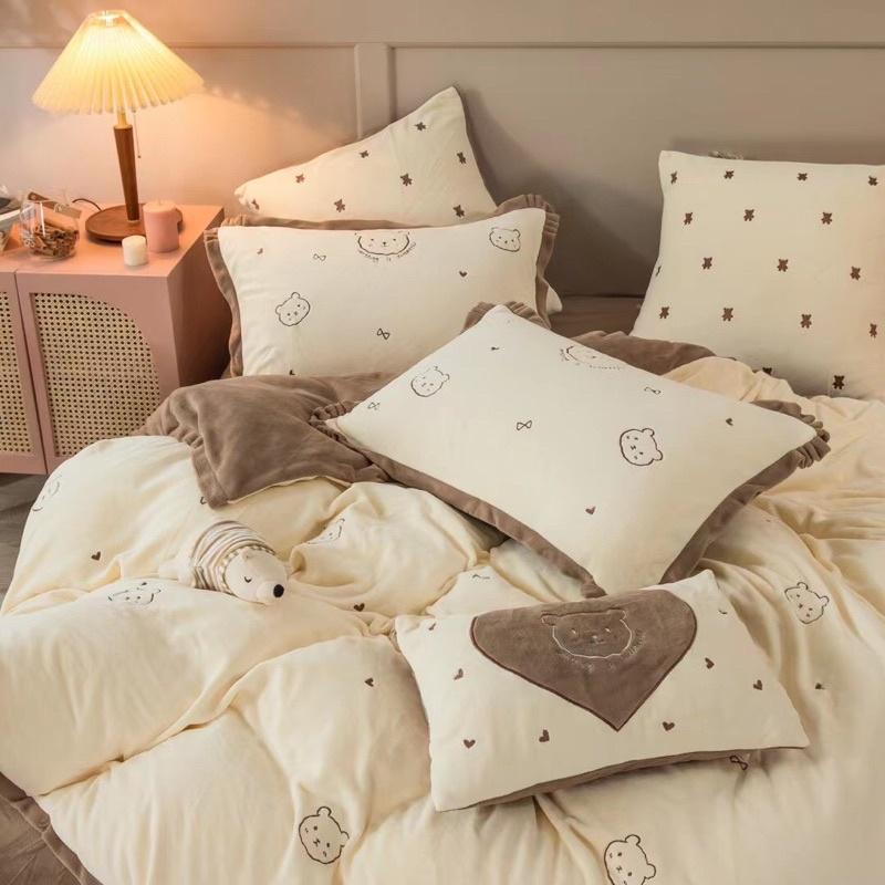 Bộ Chăn Ga Gối Nỉ Nhung Mịn Hàng Nhập Khẩu Cao Cấp 4 Món Gấu Teddy