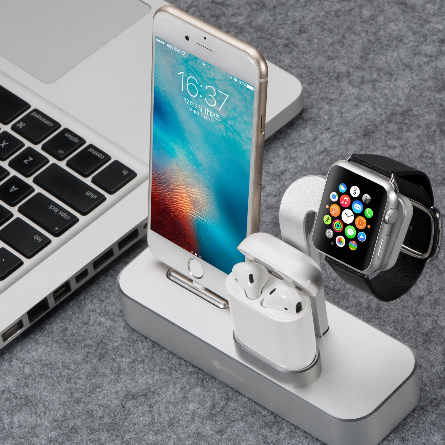 Giá đỡ kiêm đế sạc để bàn cho Apple Watch &amp; iPhone &amp; AirPods hiệu Coteetci Multifunction (hợp kim nhôm, Sạc cùng lúc 3 thiết bị, chuẩn MFi Apple) - Hàng nhập khẩu