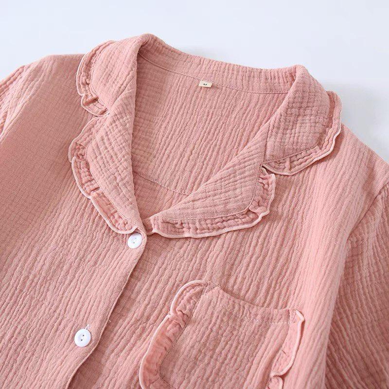 Bộ pyjama bèo nữ mùa hè, Bộ mặc nhà đùi Xô Muslin cộc tay trơn TH01