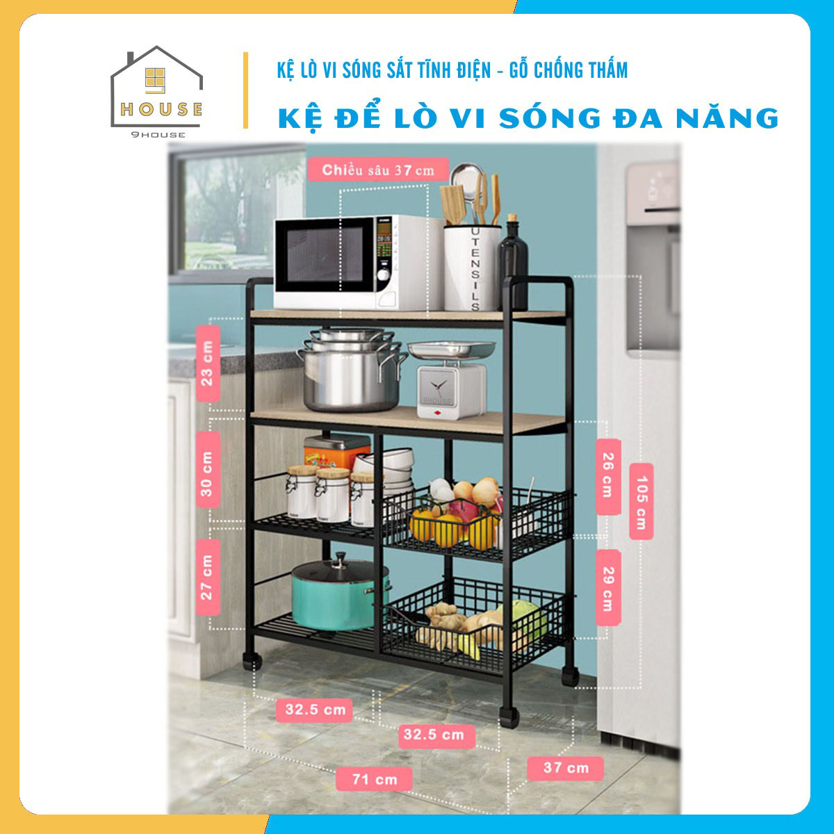 Kệ lò vi sóng đa năng 179-2 thương hiệu 9House kệ bếp để lò nướng nồi cơm điện kèm giá rổ để rau củ gia vị loại khung sắt dày sơn tĩnh điện chống rỉ mặt gỗ MDF lõi xanh chống ẩm bề mặt phủ melamine chống thấm cao cấp - Hàng chính hãng