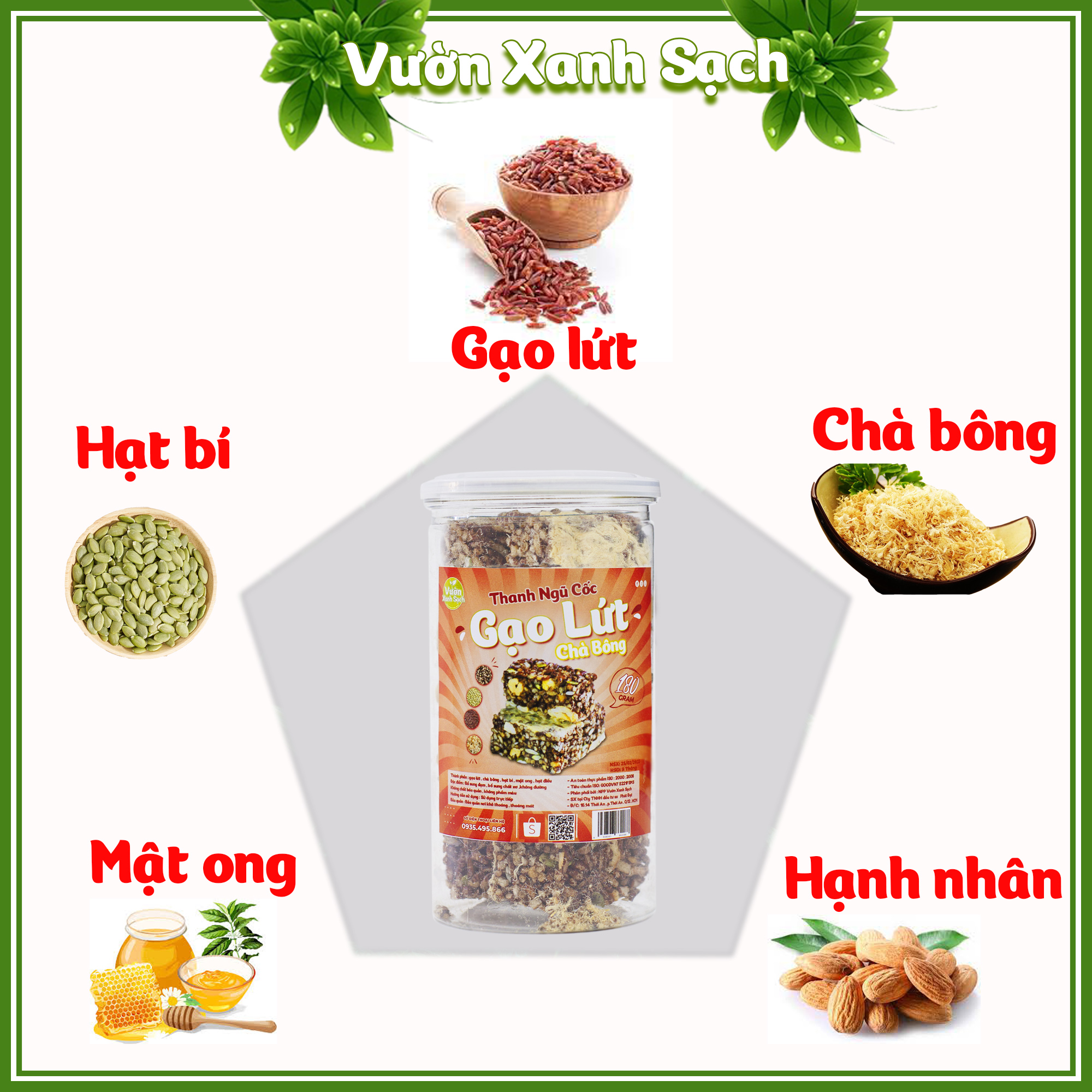 Thanh ngũ cốc gạo lứt  Chà Bông / Thanh cốm năng lượng /hạt dinh dưỡng / (Hộp 180G x 7 thanh)Đồ ăn vặt Vườn Xanh Sạch