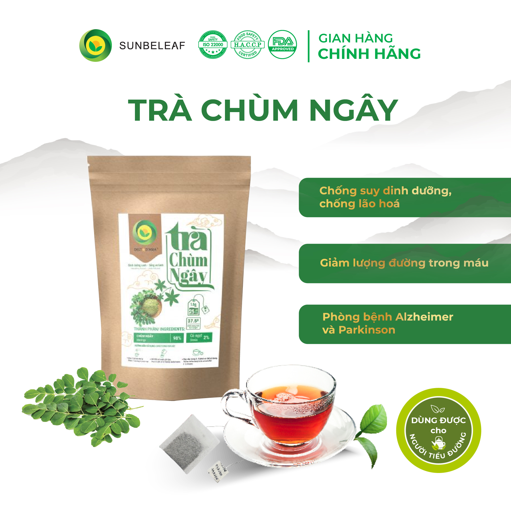 Trà Chùm Ngây Túi Zip 25/50 Gói - Delta D'Asia Điều hòa huyết áp quy cách 1.5g x 25 gói túi lọc