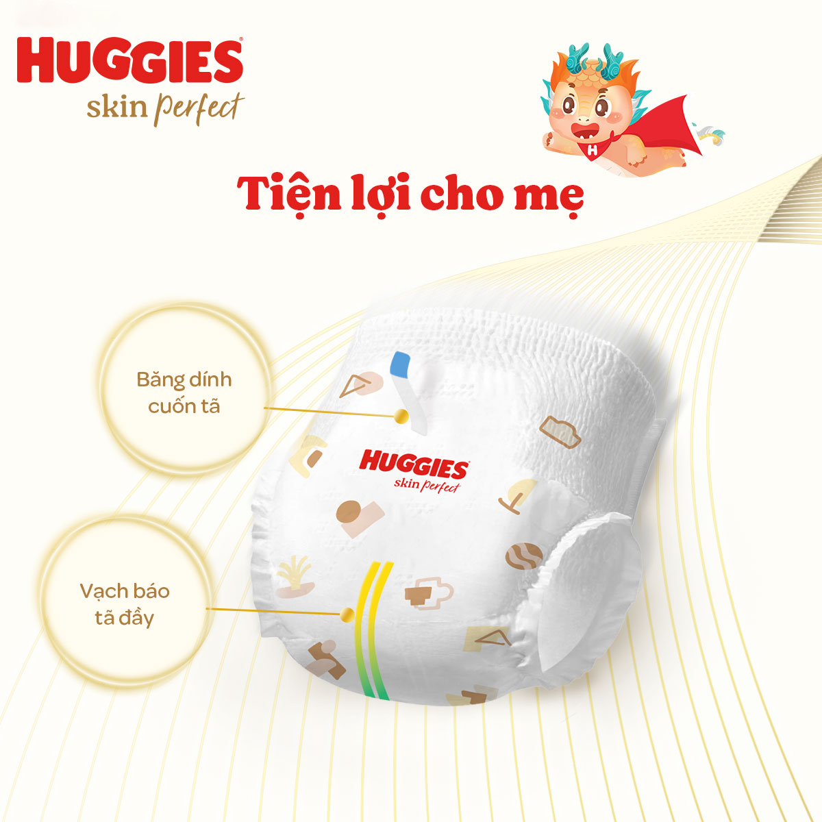Tã quần Huggies Skin Perfect phiên bản Rồng giới hạn Mega Jumbo M98+4 miếng với 2 vùng thấm giảm kích ứng da