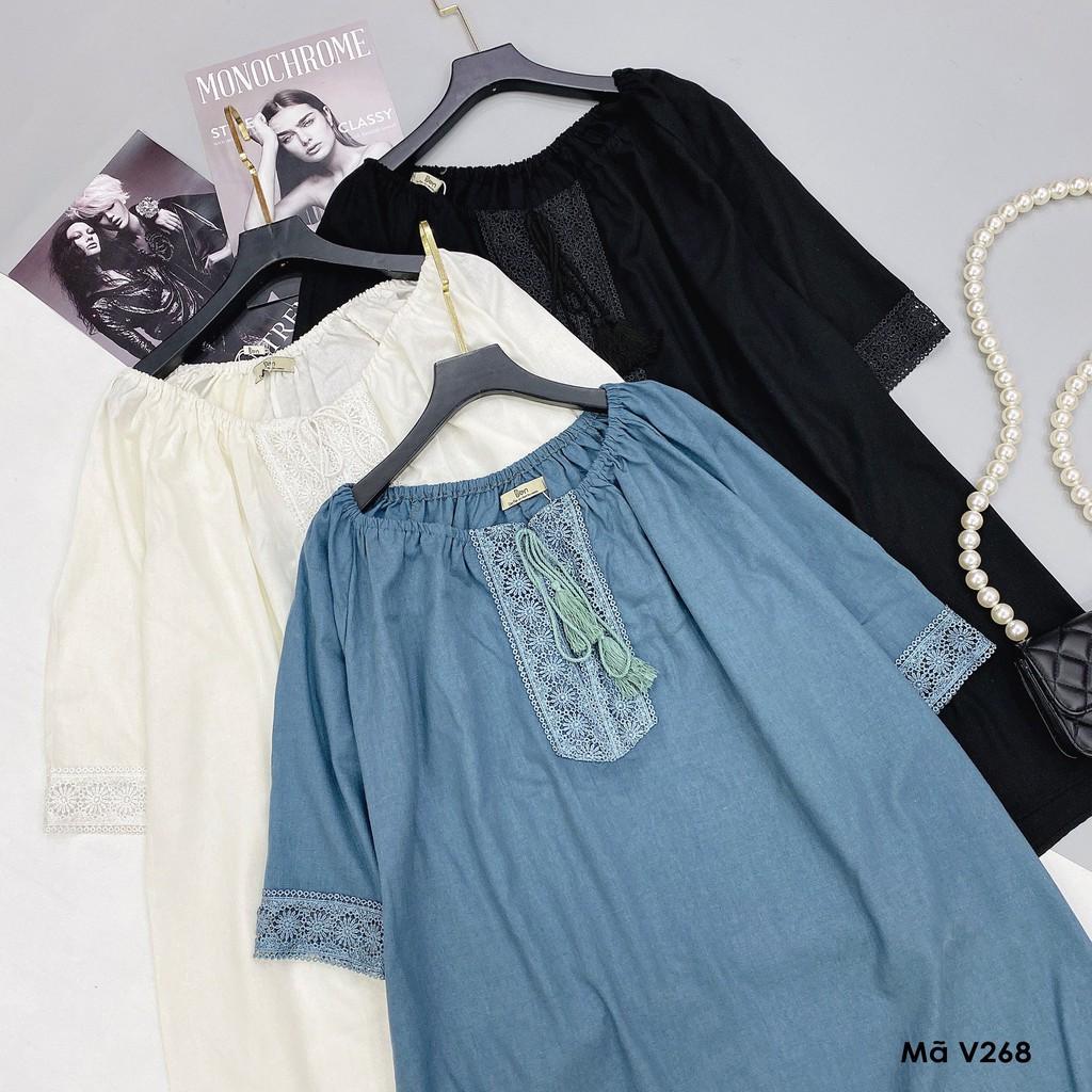 Váy suông đũi tay lỡ, phối ren, đầm xuông rộng freesize 3 màu xanh, tắng, đen mã V268 - Michi's House
