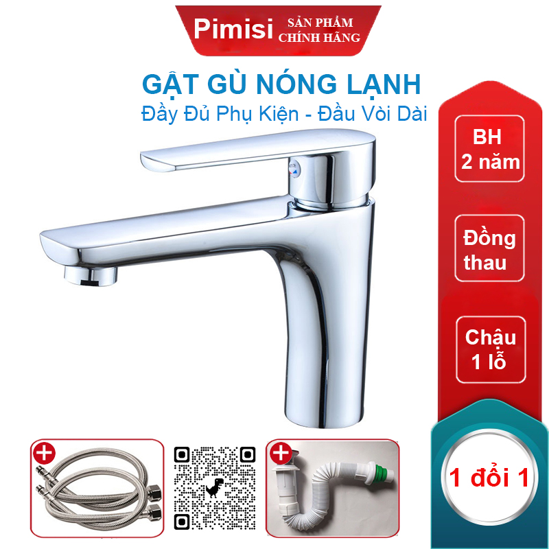 Gật Gù Nóng Lạnh Pimisi PV-308C-1 Dài - Rộng 17 cm, Mạ Xi Sáng Bóng, Dùng Cho Chậu Rửa Mặt 1 Lỗ Ở Nhà Vệ Sinh - Vòi Lavabo Gắn Trên Bồn Chậu Rửa Treo Tường Hay Lavabo Mặt Bàn Đá, Với Đầy Đủ Phụ Kiện Xi Phông Và Dây Cấp Nước | Hàng Chính Hãng