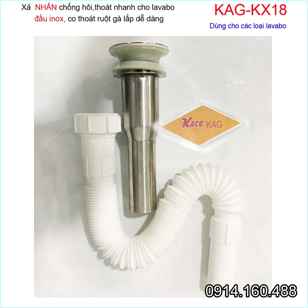 Xả lavabo nhấn KAG-KX18, bộ xả inox 304 ống thải ruột gà cho chậu rửa mặt sứ hiệu suất sử dụng tốt chặn tóc thoát nước nhanh