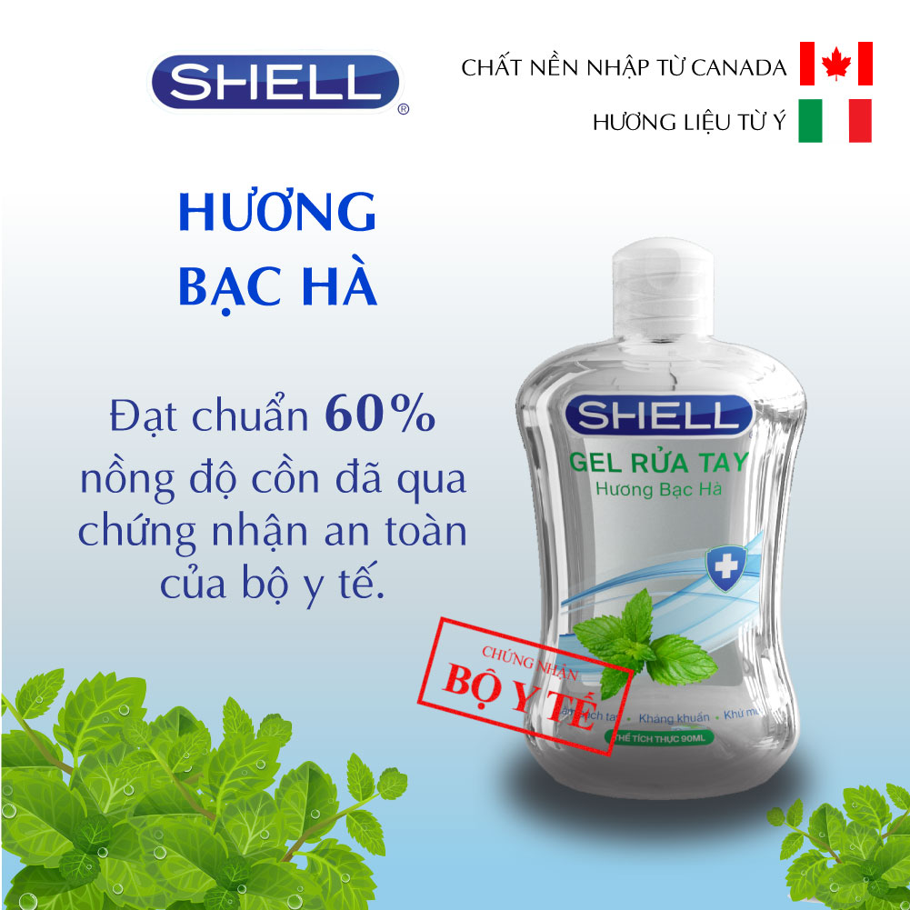 Nước Rửa Tay Khô Shell - Gel Rửa Tay Khô - Hương Bạc Hà - Cồn Hữu Cơ - Chống Vi Khuẩn, Diệt Trùng, Không Hại Da Tay - 90ml - Ngăn ngừa dịch bệnh - Bảo Vệ cơ thể