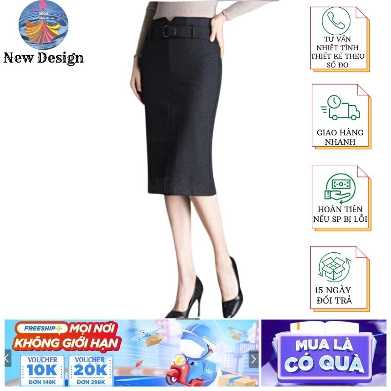 Chân váy bút chì công sở, Phom suông, Dáng dài, Màu đen thiết kế lưng kiểu V có khóa xi vàng cao cấp thanh lịch công sở MS19