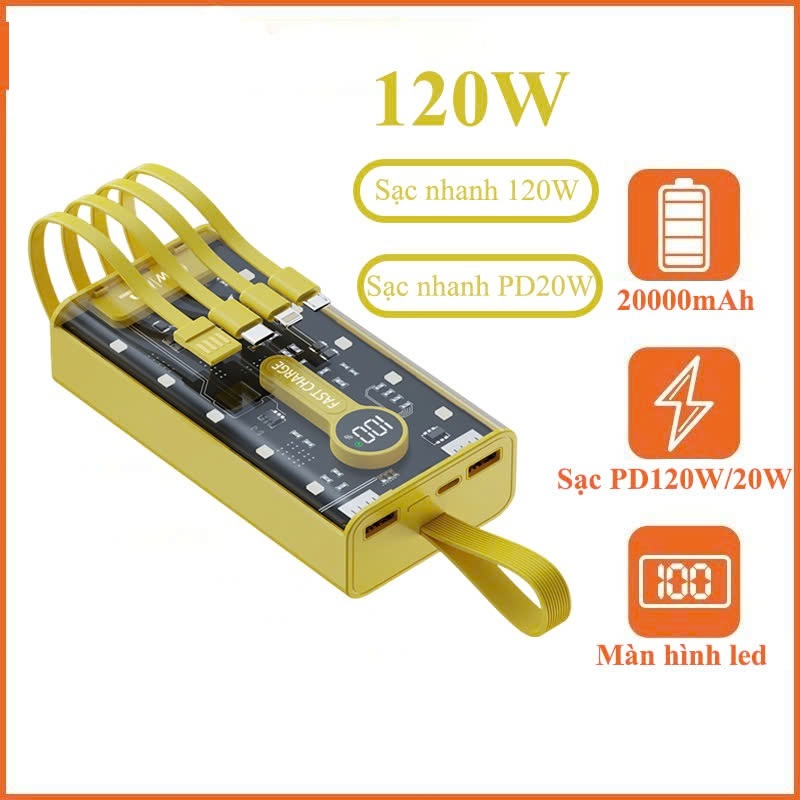 Sạc Dự Phòng trong suốt 30000mAh - sạc siêu nhanh, tích hợp 4 cáp, 2 cổng usb, sạc cùng lúc nhiều điện thoại - Hàng chính hãng