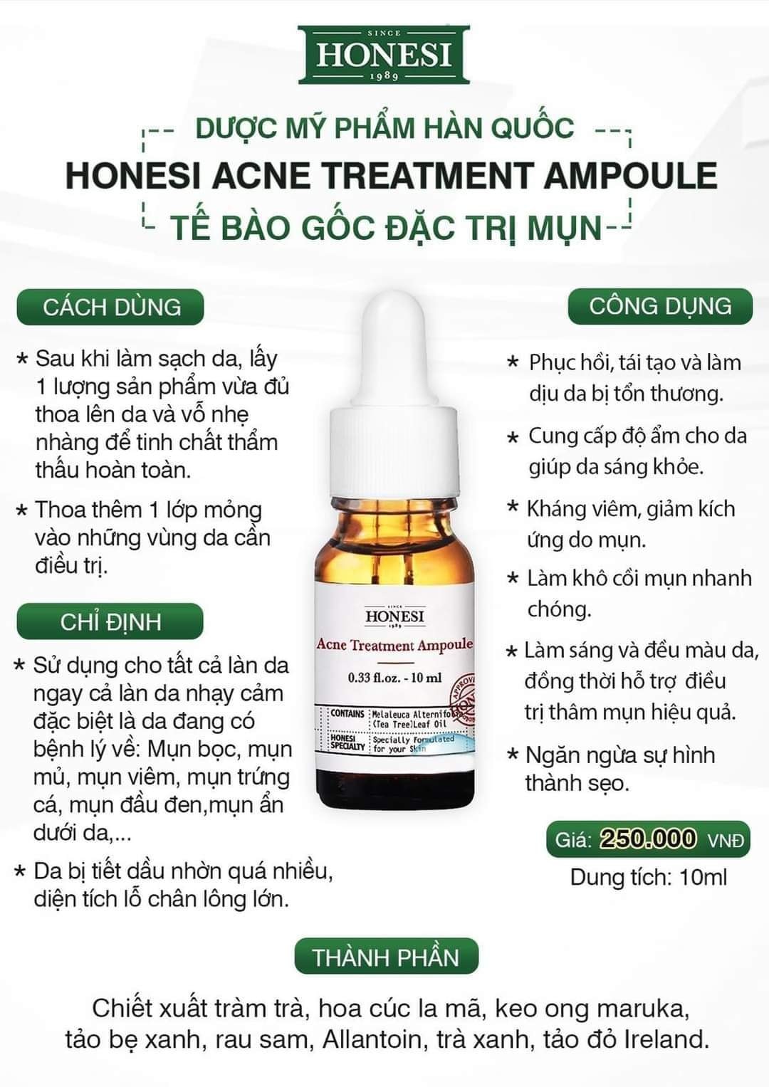 Sét Serum Giảm Mụn Nhanh Lành Tính HONESI Acne Treatment Ampoule - Hàn Quốc