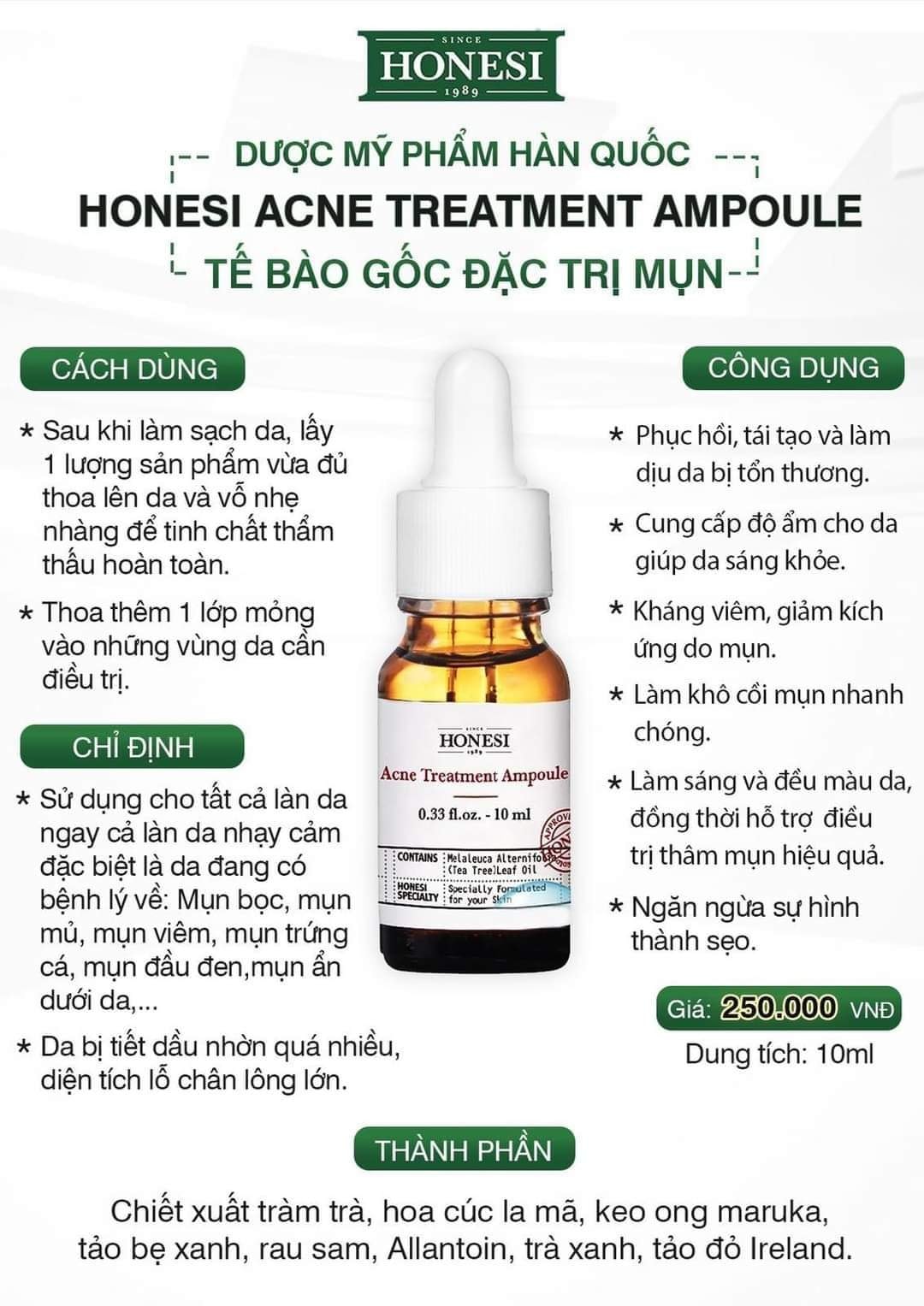 Sét Serum Giảm Mụn Nhanh Lành Tính HONESI Acne Treatment Ampoule (10ml x 5 lọ) - Hàn Quốc