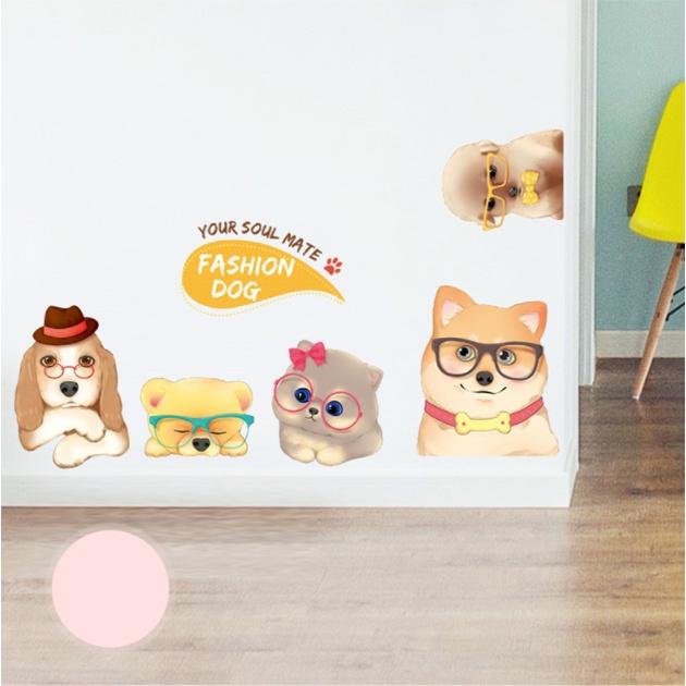 Decal trang trí tường - 4 bạn cún thời trang